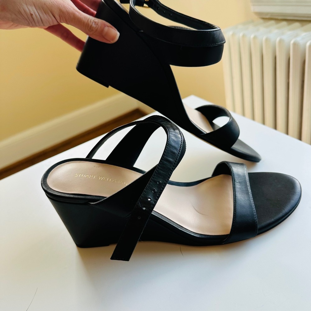 Stuart Weitzman Black Leather Ankle Strap Wedge Sandals SD753 Size 9 - Picture 2 of 7